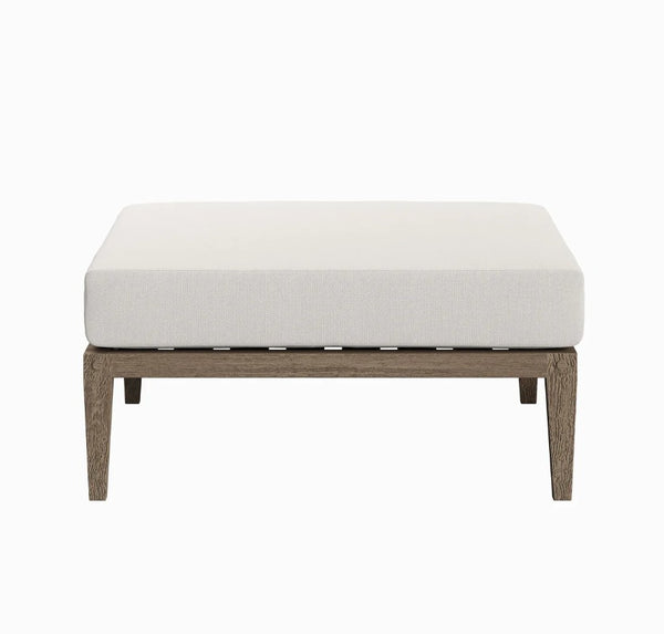 Sunshore Weather Gray Outdoor Ottoman Square ottoman with a white cushion on a white background