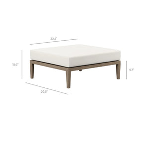 Sunshore Weather Gray Outdoor Ottoman White ottoman with dimensions labeled on a white background