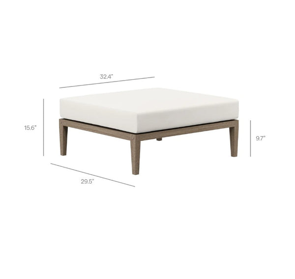 Sunshore Weather Gray Outdoor Ottoman White ottoman with dimensions labeled on a white background
