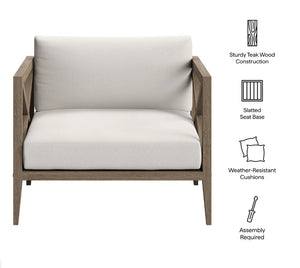 Sunshore Weathered Gray Outdoor Armchair Wooden outdoor chair with white cushions on a white background, featuring text on construction and assembly.