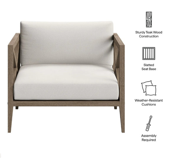 Sunshore Weathered Gray Outdoor Armchair Wooden outdoor chair with white cushions on a white background, featuring text on construction and assembly.