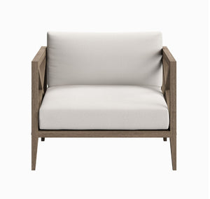 Sunshore Weathered Gray Outdoor Armchair Chair with wooden frame and white cushion on a white background