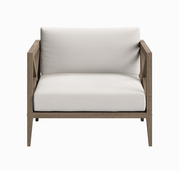 Sunshore Weathered Gray Outdoor Armchair Chair with wooden frame and white cushion on a white background