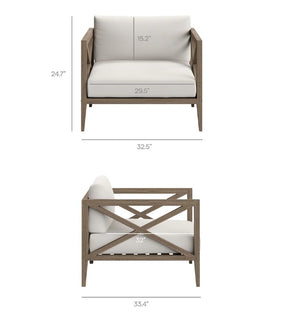 Sunshore Weathered Gray Outdoor Armchair Chair with dimensions labeled on a white background