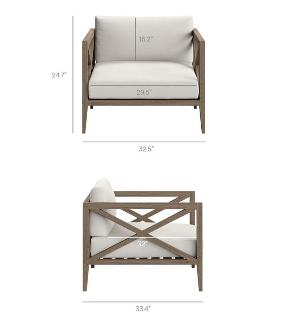 Sunshore Weathered Gray Outdoor Armchair Chair with dimensions labeled on a white background
