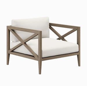 Sunshore Weathered Gray Outdoor Armchair Chair with wooden frame and white cushions on a white background