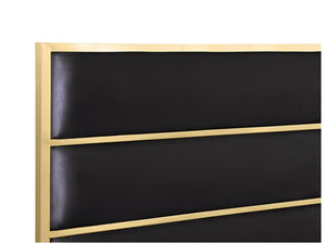 Sysko Glam Black Gold Fully Upholstered Bed Close-up of a black upholstered headboard or wall panel with a gold metal frame and horizontal gold trim lines, shown against a white background.