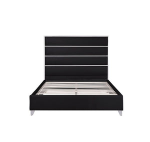 Sysko Glam Black Silver Fully Upholstered Bed A modern black upholstered bed frame with a tall segmented headboard and slatted base, shown on a plain white background.