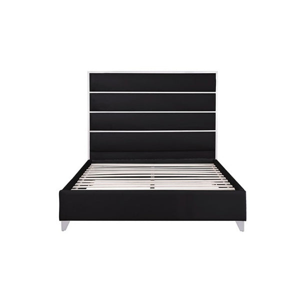 Sysko Glam Black Silver Fully Upholstered Bed A modern black upholstered bed frame with a tall segmented headboard and slatted base, shown on a plain white background.
