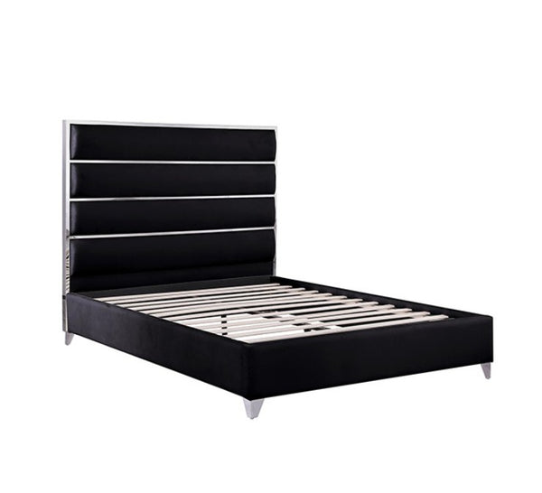 Sysko Glam Black Silver Fully Upholstered Bed A modern platform bed frame with a tall, segmented black upholstered headboard and matching black upholstered footboard, supported by white slats, shown on a plain white background.