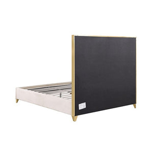 Sysko Glam Gold White Fully Upholstered Bed A modern platform bed frame with a tall, minimalist black headboard featuring gold trim and gold legs, paired with a light beige upholstered footboard and slatted base.