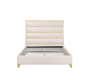 Sysko Glam Gold White Fully Upholstered Bed An upholstered bed frame with a tall segmented headboard and matching footboard, finished in warm off-white fabric with gold-toned metal framing and legs, shown on a plain white background.