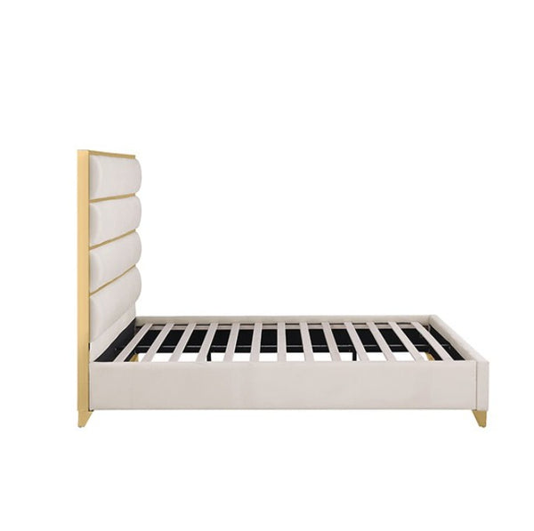 Sysko Glam Gold White Fully Upholstered Bed A modern platform bed frame with a tall, segmented tufted headboard in a warm off-white fabric and light natural wood trim, supported by a slatted base.