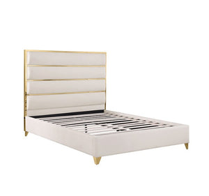 Sysko Glam Gold White Fully Upholstered Bed An upholstered bed frame with a tall segmented headboard in warm off-white fabric and gold trim, shown on a plain white background.