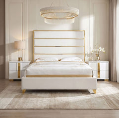 Sysko Glam Gold White Fully Upholstered Bed