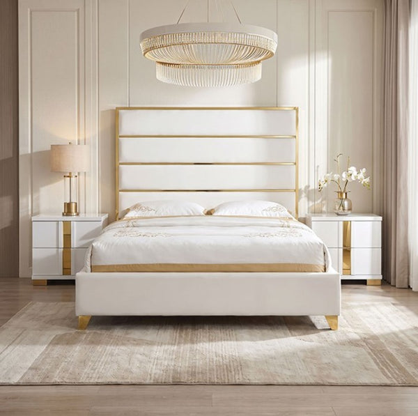 Sysko Glam Gold White Fully Upholstered Bed