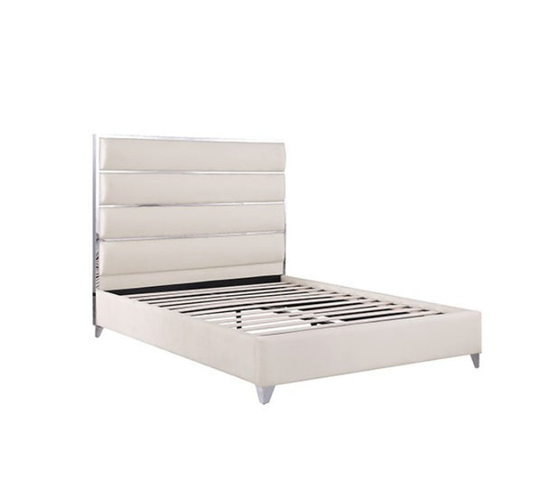 Sysko Glam Silver White Fully Upholstered Bed A modern platform bed frame upholstered in cream-colored fabric, featuring a tall segmented headboard and silver metal legs, shown against a plain white background.