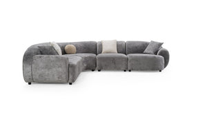 Tiarra Corner Sectional Sofa Fabric Gray A modern curved gray upholstered sectional sofa with several throw pillows, shown on a plain white background.