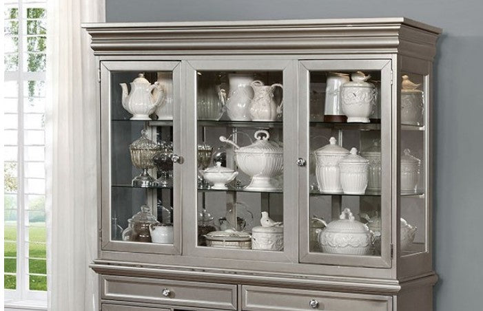 Gray glass-fronted china cabinet with decorative items inside