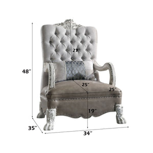Traditional Style Armchair Bone White Dresden Collection Gray tufted armchair with dimensions marked on a white background