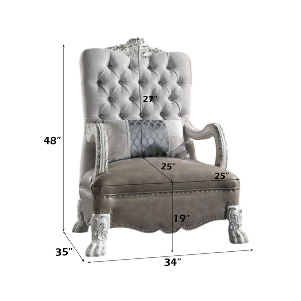 Traditional Style Armchair Bone White Dresden Collection Gray tufted armchair with dimensions marked on a white background