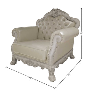 Traditional Style Chair Bone White Dresden Collection Decorative armchair with ornate details and dimensions on a white background