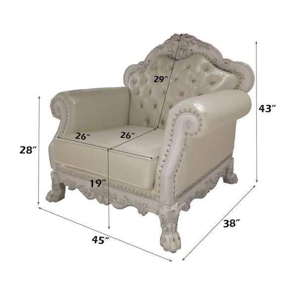 Traditional Style Chair Bone White Dresden Collection Beige armchair with dimensions marked on a white background