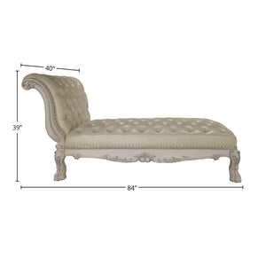 Traditional Style Chaise Bone White Dresden Collection An upholstered chaise lounge with dimension callouts showing 84 inches wide, 39 inches high, and a headrest width of 40 inches, on a plain white background.