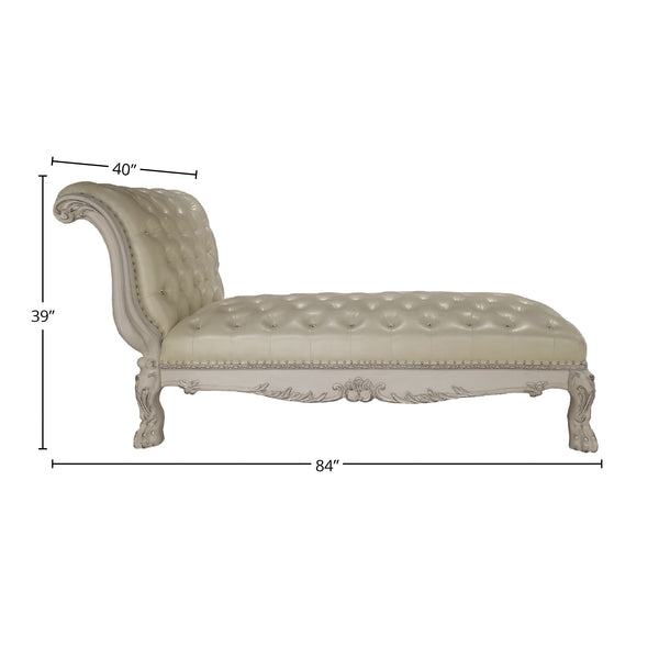 Traditional Style Chaise Bone White Dresden Collection An upholstered chaise lounge with dimension callouts showing 84 inches wide, 39 inches high, and a headrest width of 40 inches, on a plain white background.