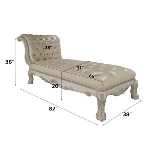 Traditional Style Chaise Bone White Dresden Collection Measurement chart of a decorative bench with dimensions labeled.