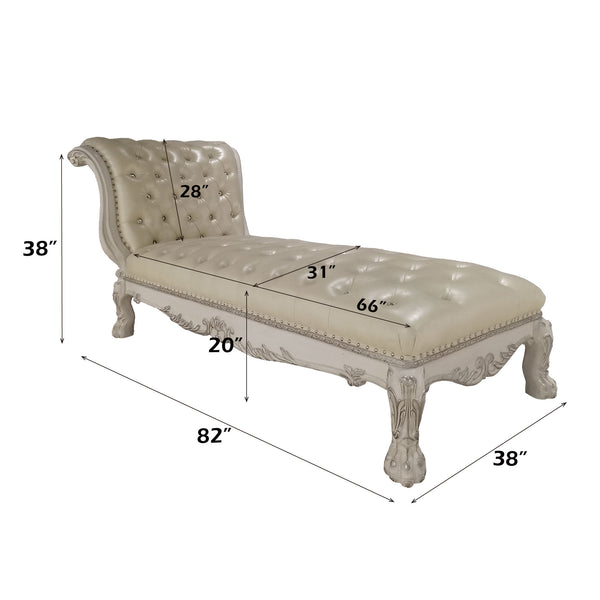 Traditional Style Chaise Bone White Dresden Collection Measurement chart of a decorative bench with dimensions labeled.