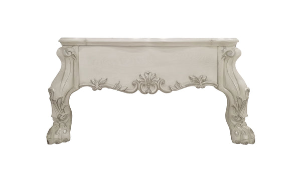 Traditional Style Coffee Table Bone White Dresden Collection A white carved console table with ornate cabriole-style legs and a central decorative panel, shown against a plain white background.