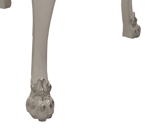 Traditional Style Counter Height Dining Table Bone White Dresden Collection Close-up of a metallic silver table leg with ornate clawfoot detailing on a plain white background.