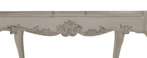 Traditional Style Counter Height Dining Table Bone White Dresden Collection lose-up of an ornate console table with carved floral and scrollwork details in a light gray finish, shown against a white background.
