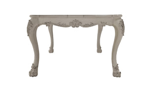 Traditional Style Counter Height Dining Table Bone White Dresden Collection An ornate console table with a distressed light gray finish, featuring carved details and cabriole-style legs with claw feet, shown against a plain white background.