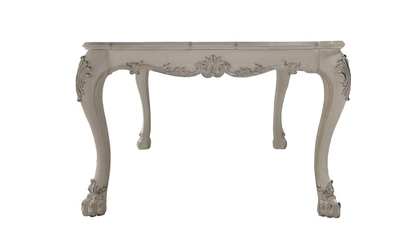 Traditional Style Counter Height Dining Table Bone White Dresden Collection An ornate console table with a distressed light gray finish, featuring carved details and cabriole-style legs with claw feet, shown against a plain white background.