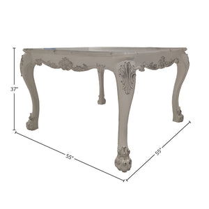 Traditional Style Counter Height Dining Table Bone White Dresden Collection An ornate cabriole-style table in a distressed light gray finish, shown with dimension lines indicating a height of 37 inches and lengths of 55 inches by 55 inches on a white background.