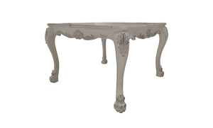 Traditional Style Counter Height Dining Table Bone White Dresden Collection A distressed white carved console table with cabriole legs and ornate scrollwork, shown against a plain white background.