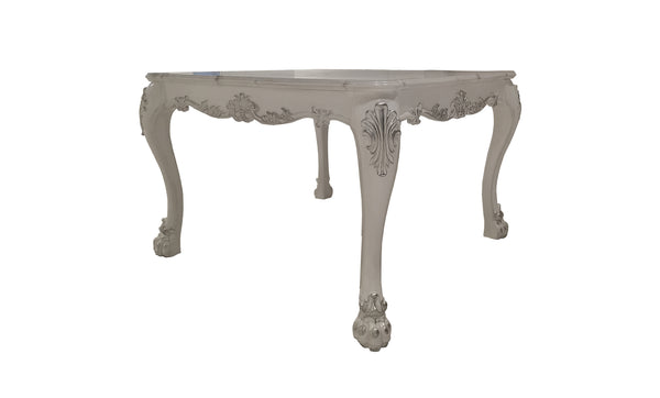 Traditional Style Counter Height Dining Table Bone White Dresden Collection A distressed white carved console table with cabriole legs and ornate scrollwork, shown against a plain white background.