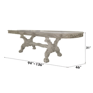 Traditional Style Dining Table Bone White Dresden Collection Decorative table with ornate legs and measurements on a white background