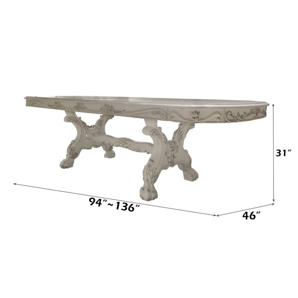 Traditional Style Dining Table Bone White Dresden Collection Decorative table with ornate legs and measurements on a white background