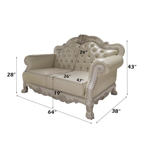 Traditional Style Loveseat Bone White Dresden Collection Beige ornate loveseat with dimensions labeled on a white background