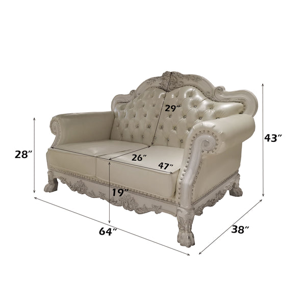 Traditional Style Loveseat Bone White Dresden Collection Beige ornate loveseat with dimensions labeled on a white background
