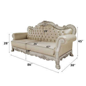 Traditional Style Sofa Bone White Dresden Collection An ornate cream-colored tufted loveseat sofa with carved wooden legs and armrests, shown with overlaid dimension lines and measurements for width, height, and depth on a plain white background.