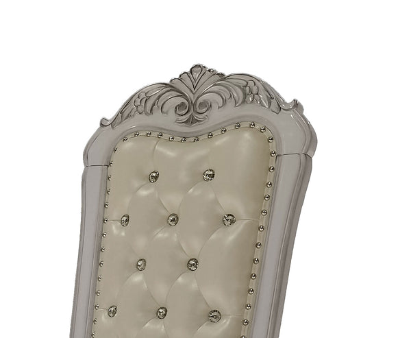 Traditional Style Dining Armchair Bone White Dresden Collection Decorative headboard with intricate carvings and tufted design on a white background