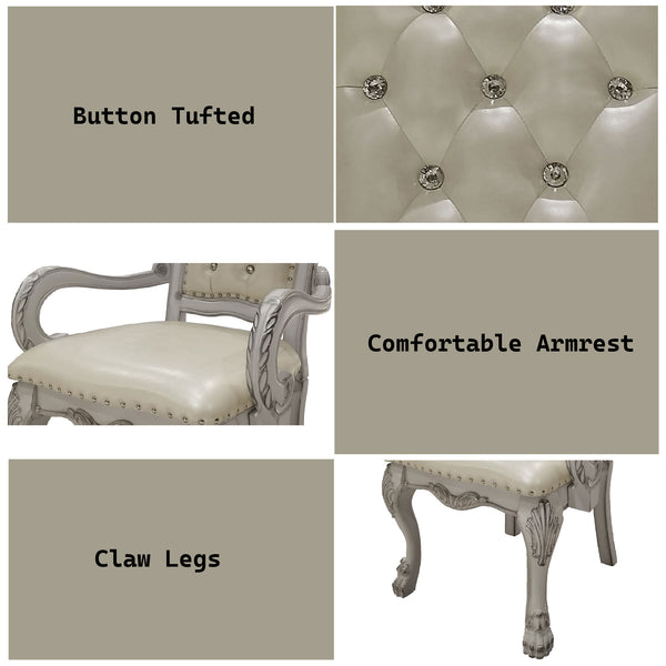 Traditional Style Dining Armchair Bone White Dresden Collection ollage of a button tufted chair with highlighted features like comfortable armrest and claw legs.