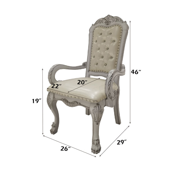 Traditional Style Dining Armchair Bone White Dresden Collection Decorative chair with dimensions marked on a white background