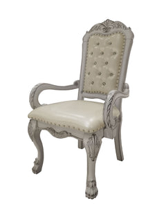 Traditional Style Dining Armchair Bone White Dresden Collection Decorative chair with ornate design and cream cushion on a white background