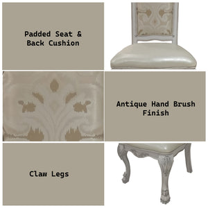 Traditional Style Dining Chair Bone White Dresden Collection A composite product information graphic for an upholstered chair. The layout shows close-up panels labeled 'Padded Seat & Back Cushion,' 'Antique Hand Brush Finish,' and 'Claw Legs,' alongside partial views of the chair with a cream seat, patterned beige-and-ivory back upholstery, and pale carved legs.