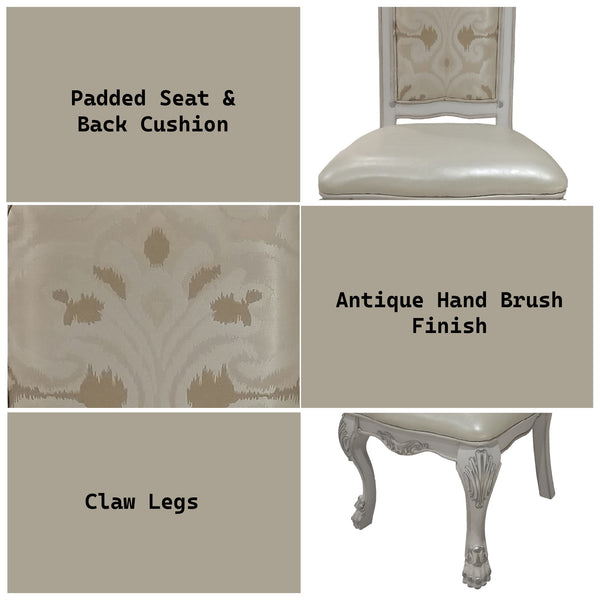 Traditional Style Dining Chair Bone White Dresden Collection A composite product information graphic for an upholstered chair. The layout shows close-up panels labeled 'Padded Seat & Back Cushion,' 'Antique Hand Brush Finish,' and 'Claw Legs,' alongside partial views of the chair with a cream seat, patterned beige-and-ivory back upholstery, and pale carved legs.